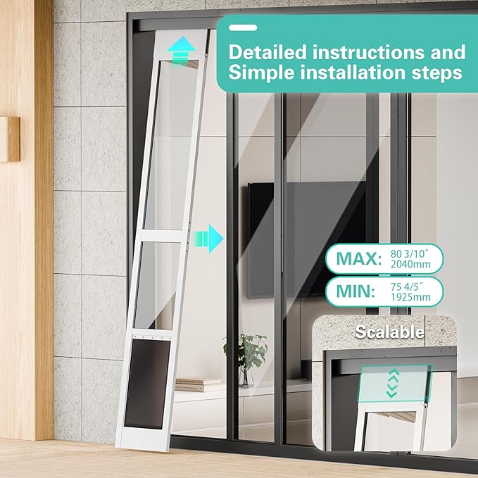 Dog Door for Sliding Glass Door, Adjustable Height 75 4/5" to 80 3/10" Sliding Door Pet Door Insert, Suitable for Dogs Up to 75 lbs, L