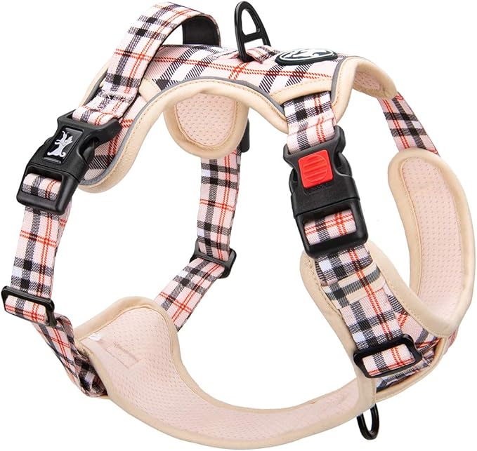 PoyPet Plaid Dog Harness, No Pull Front Clip Pet Vest Harness, Soft Padded Reflective Adjustable Walking Harness with Handle for Large Medium Small Dogs(Checkered Beige,XL)