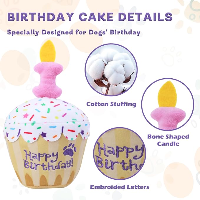 Dog Birthday Toy, Birthday Cake Plush Squeak Dog Toys for Puppy Gifts, Unique Bone Candle Design, Dogs Party Decor