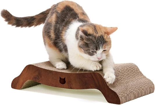 Necoichi Cardboard Cat Scratcher Bed for Indoor Cats - Cat Scratching Board, Horizontal Cat Scratch Pad Lounger with Reversible Usability and Extra Comfort for Lounge, Curved (17" Medium, Dark Cherry)