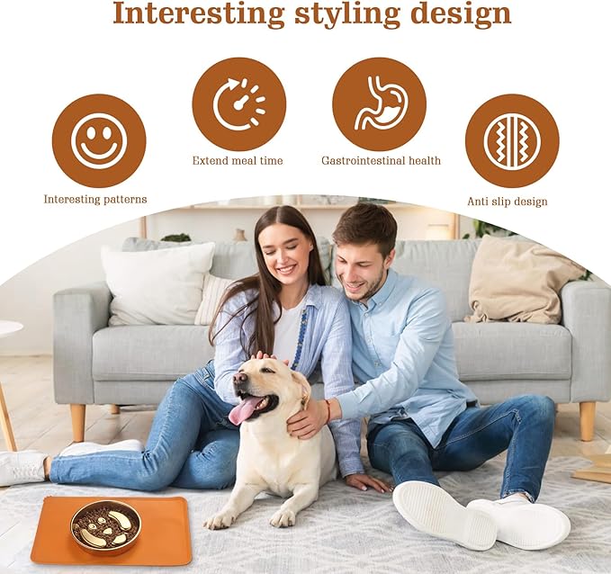 Golden Stainless Steel Slow Feeder Dog Bowls – Non-Slip Metal Dog Bowl for Large & Medium Breeds, Puppy Puzzle Feeder – 2 Cup for Small to Big Pets – Durable Slow Feed Dog & Cat Food Dish with Mat