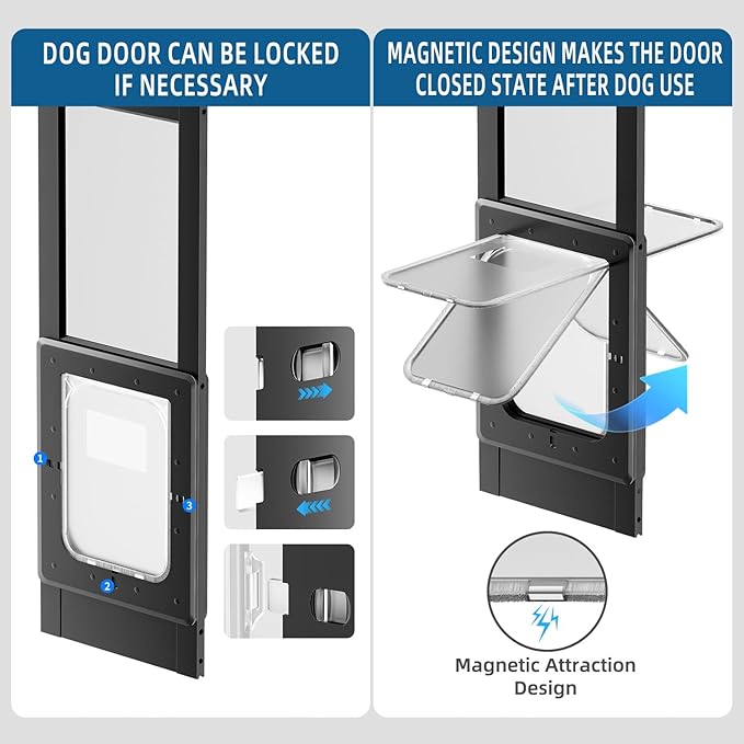 Dog Door for Sliding Glass Door, Magnetic Plastic Flap Sliding Door Pet Insert with Lock, Adjustable Height 74.2”-80.7”, No-Cut Installation for Patio Dog Access(Black M)