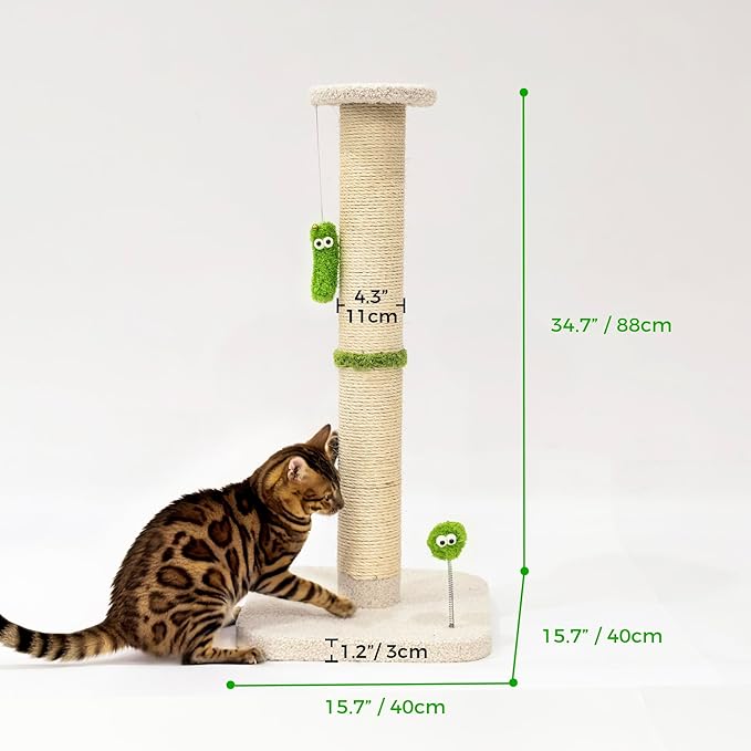 TINYBEAST 34.7" Tall Cat Scratching Post, 3 in 1 Sisal Cat Scratcher, Heavy Duty 4.3" Diameter Cat Tree with Hanging Bell Ball Toy and Reinforced Stable Base for Indoor Adult Cats & Kittens