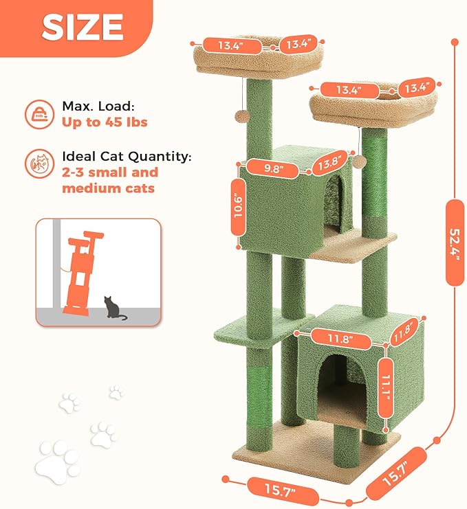 Cactus Cat Tree, 52.4 Inch Multi-Level Cat Tower for Indoor Cats with Dual Padded Top Perches, 2 Condos & Scratching Posts, Plush Cat Furniture for Kittens and Medium Cats, Green