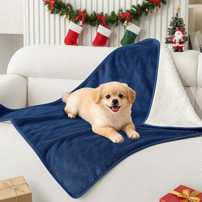 Smiry Waterproof Dog Bed Blanket, Leakproof Pet Throw Blanket for Bed Couch Sofa, Reversible Sherpa Fleece Furniture Protector Cover for Small Medium Large Dogs Cats (Navy Blue, 32x40 inches)