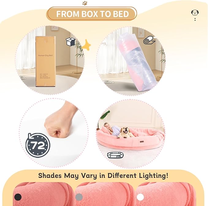 Human Dog Bed for Adults, 73"x56"x12" Washable Orthopedic Size, Faux Fur Removable, Cozy Large Present with Blanket and Pillow, Pink