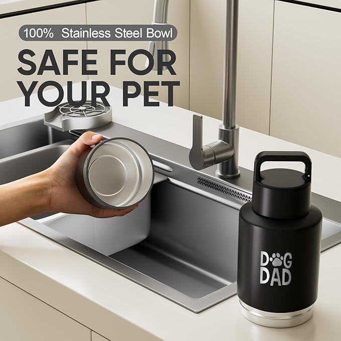 Dog Dad Gift, Insulated Dog Water Bottle with Travel Bowl, for DogLover, Portable Water Bottle Dispenser, Accessories for Car, Hiking, Camping, Outdoor, Leak-Proof, Detachable (DogDad-Black)