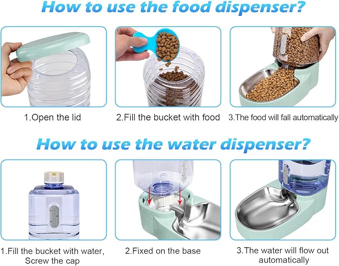 Automatic Cat Feeder and Water Dispenser with Stainless Steel Bowl Gravity Food Feeder and Waterer Set for Small Medium Dog Puppy Kitten 1 Gallon x 2(Green)