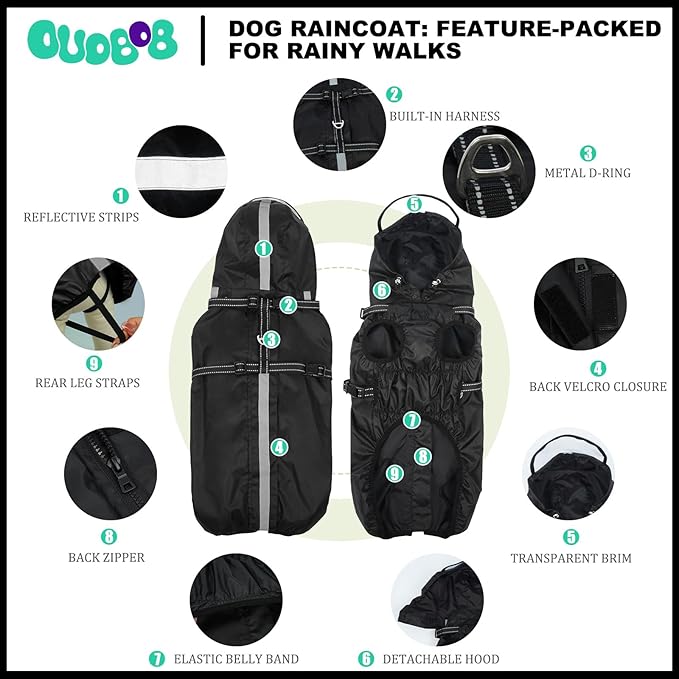Dog Raincoats for Large Dogs with Hood, Waterproof Dog Rain Jacket with Adjustable Built-in Harness & Back Zipper, Reflective Strip, Removable Hood,for Rainy Walks, Muddy Roads - Black XXXL