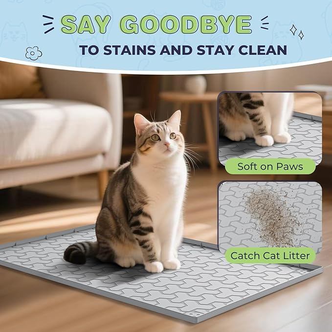Silicone Cat Litter Mat for Litter Box - 34" X 22"/24" X 15" Waterproof Urine - Proof Mat, Non - Slip Trapping Pad to Keep Floor Clean, Easy to Clean Cat Floor Mat（Gray)