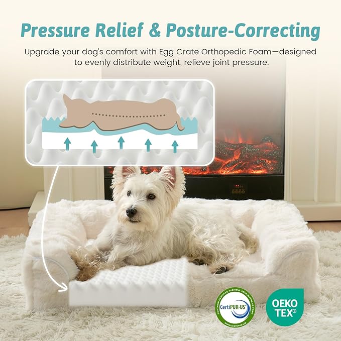 Faux Rabbit Fur Orthopedic Dog Bed, Large Dog Bed, Supportive Foam Pet Sofa with Waterproof Lining Cover, Washable U-Shaped Pet Couch with Anti-Slip Bottom Design, Beige XL 42x30x7 inch