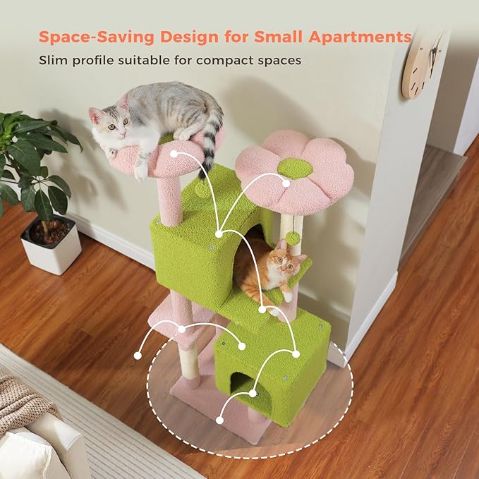 Flower Cat Tree, 52.4 Inch Multi-Level Cat Tower for Indoor Cats with Dual Top Perches, 2 Condos & Scratching Posts, Plush Cat Furniture for Kittens and Medium Cats, Pink