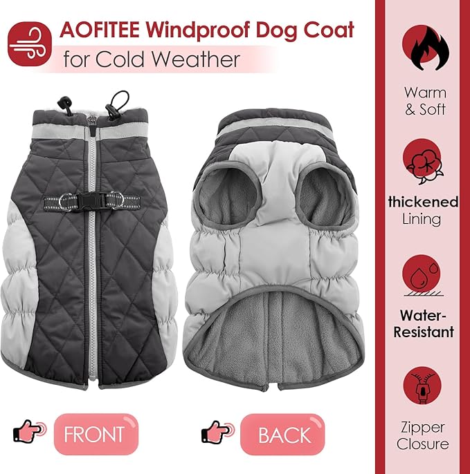 AOFITEE Dog Coat, Warm Dog Jackets for Small Dogs, Dogs Winter Coat with Harness Built in, Reflective Pet Winter Jacket, Waterproof Windproof Puppy Puffer Jacket Fleece Vest, Grey XS