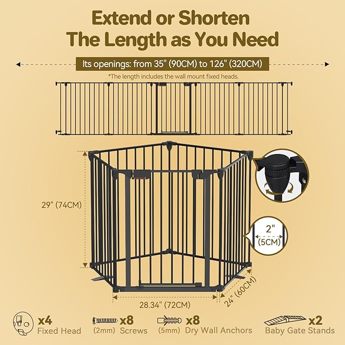 Dog Gate 27.5"-129" Extra-Wide Playpen, Freestanding Pet Gate, Puppy Fence with Auto-Close Door, Double Locking System for Fireplace, Foldable (Black, 5 Panels