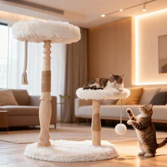 Modern Cat Tree Tower for Indoor Cats, Natural Solid Wooden Branch with Sisal Scratching Post, Log Style Rome Cat Furniture with Perches Platform & Toy Ball