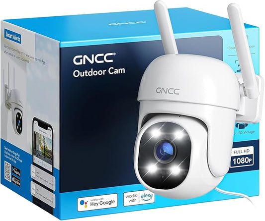 GNCC GK2 Outdoor Security Camera 1080P Home Surveillance with AI Motion Detection, 2.4G WiFi, 355° Pan-Tilt, Color Night Vision, Spotlight, Two-Way Audio, IP65 Waterproof, Cloud & SD Card Storage