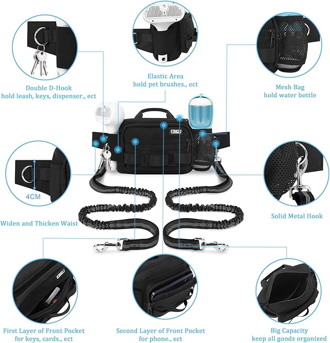 ETACCU Hands Free Dog Leash with Zipper Pouch, Waist Belt for Large Medium 2 Dogs for Running, Walking, Jogging and Hiking, Dual Padded Handles and Durable Bungee - Black
