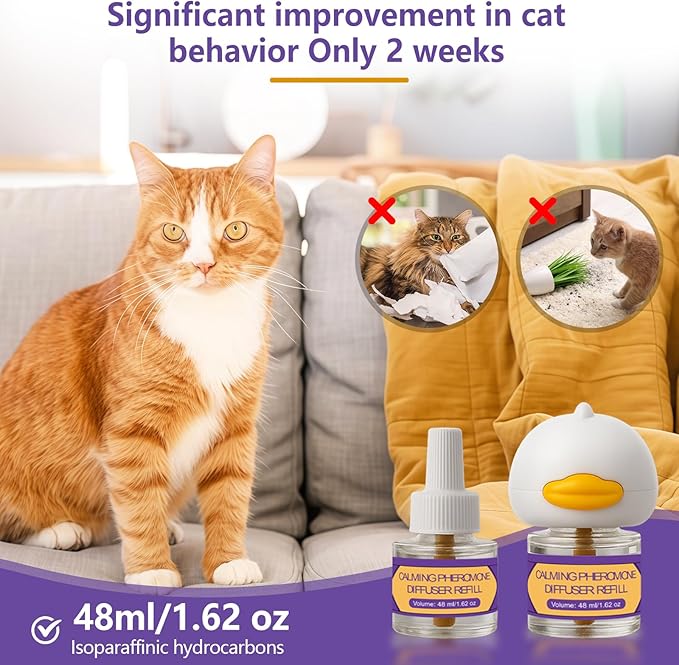 Cat Calming Pheromone Diffuser Kit, 2 Plug-Ins + 4 Refills (48ml Each), Long-Lasting Stress & Anxiety Relief, Reduces Fighting, Spraying & Scratching, Safe & Drug-Free Comfort for All Cats and Kittens