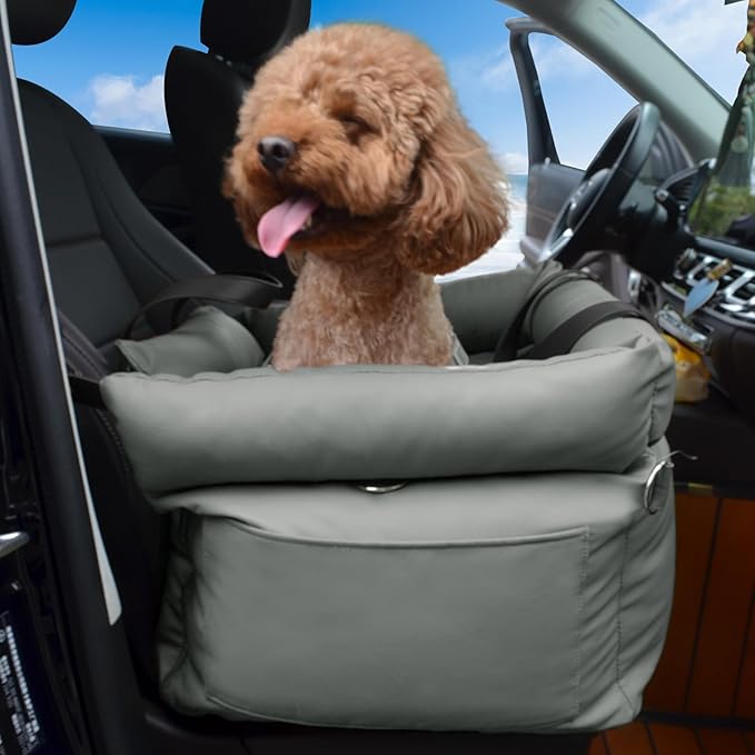 Dog Car Seat for Small Dogs, Large Leather Dog Car Bed with Storage Pocket, Waterproof PVC Leather Booster Seat Travel Bed for Front & Back Seat, Clip-On Safety Leash (Grey)