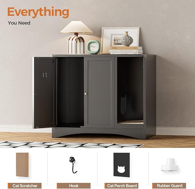 AUN Cat Litter Box Enclosure Hidden Cabinet, Easy Clean Steel Frame Pet House Furniture, Cat Washroom with Curved Entry, Dog-Proof, Black, 31.5x19.6x27.5 Inches, Indoor Use