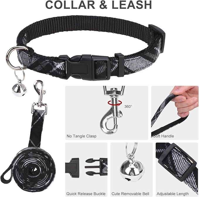 EXPAWLORER Classic Plaid Puppy Harness - Dog Collar and Leash - Soft Mesh Padded Adjustable Step in Small Dog Vest Harness No Pull, Reflective Escape Proof for Outdoor Walking, Black M