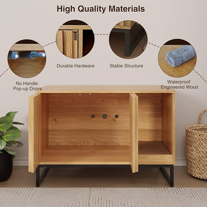 Litter Box Enclosure, Modern Cat Litter Box Enclosure Furniture Hidden Litter Box with Scratch Pad, Cat Washroom House End Table, Entryway Bench for Livingroom (Natural)