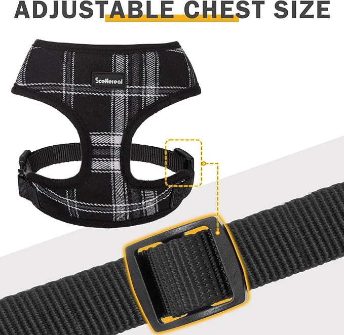 SCENEREAL No Pull Dog Harness Collar and Leash Set Small Medium Sized Dog, Soft Mesh Step in Puppy Harnesses, No Chock Plaid Adjustable Pet Vest for Outdoor Walking Training and Running, Black S