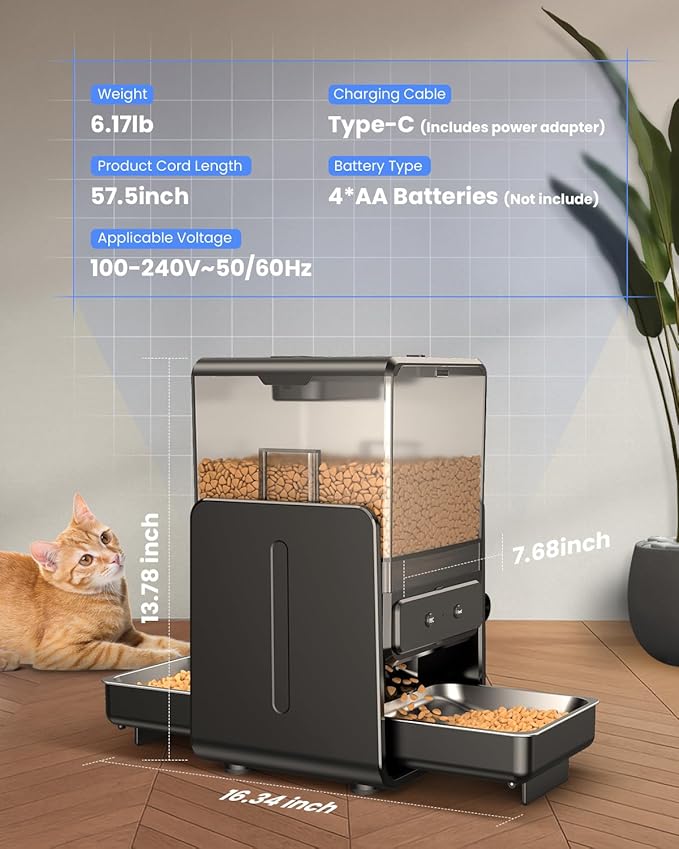 Automatic Cat Feeder with 5G WiFi for 2 Cats, Adjustable Height for Small Pets, Dual Bowls, 20 Cups/5L Dry Food Auto Pet Dispenser, Voice Record, Timed Cat Feeder with APP Control
