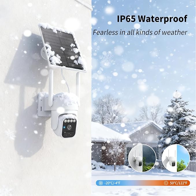 Solar Security Cameras Wireless Outdoor, 360°View, Color Night Vision, SD/Cloud Storage, Auto Tracking, 2-Way Talk, 2.4GHz WiFi, IP65 Waterproof