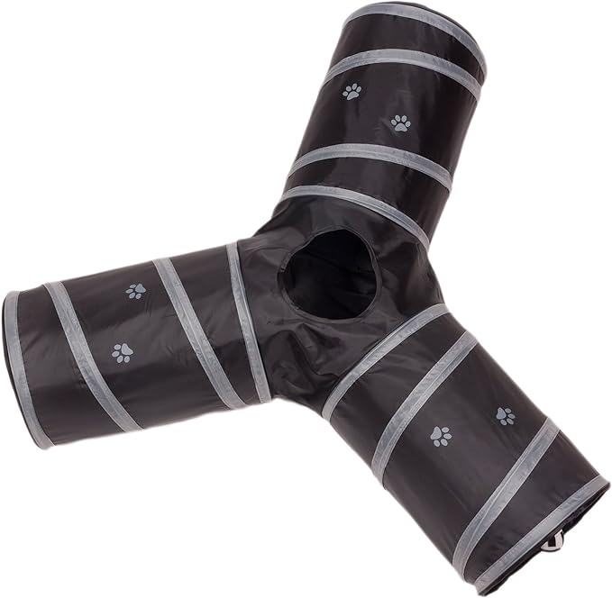 Cat Tunnel - Collapsible 3 Way Play Toy - Tube Fun for Rabbits, Kittens, and Dogs - Black/Grey