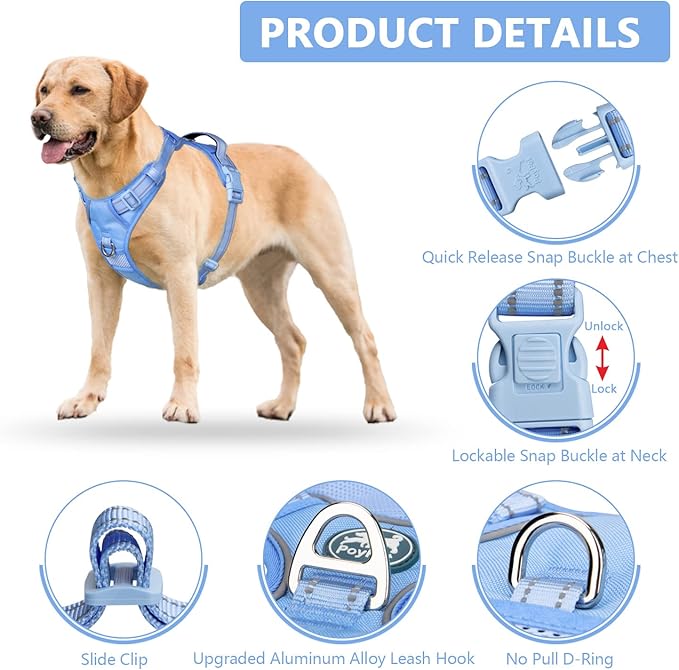 PoyPet No Pull Dog Harness, No Choke Reflective Dog Vest, Adjustable Pet Harnesses with Easy Control Padded Handle for Small Medium Large Dogs(Light Blue Matching Trim,M)