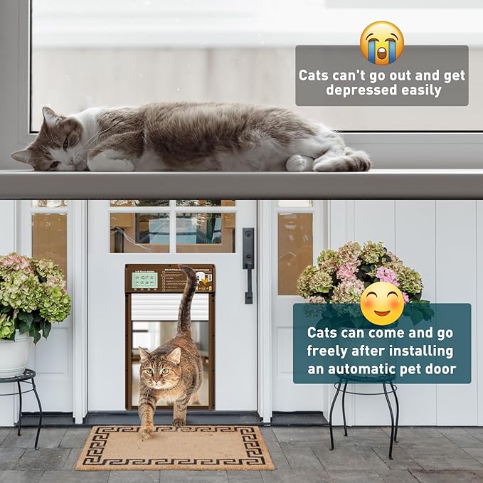 Solar Automatic Cat Door, 5 Smart Modes (Radar, Timer, Light Sensor, Remote, Manual), Aluminum Pet Door for Interior Exterior Doors, Solar Powered or USB Plug-in, Cats (Brown)