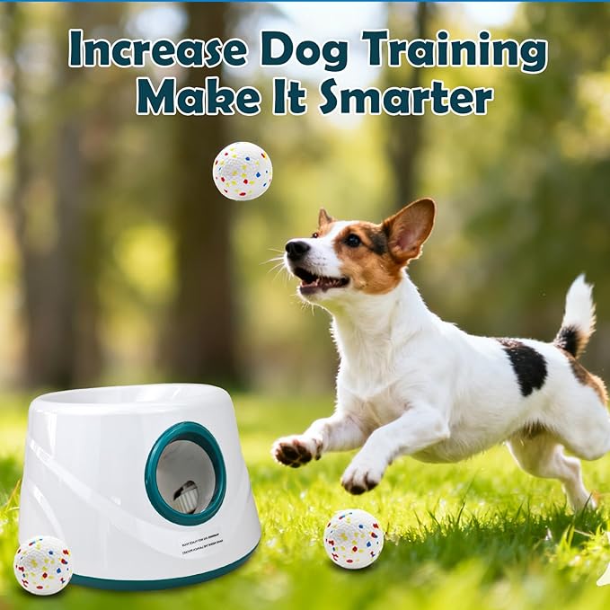 Automatic Dog Ball Launcher, Upgraded Interactive Dogs Balls Thrower for Small and Medium Dogs, Distance Adjustable Mental Stimulating Dog Toys with 4 Durable Etpu Balls 2.2 Inch (Dark Green)