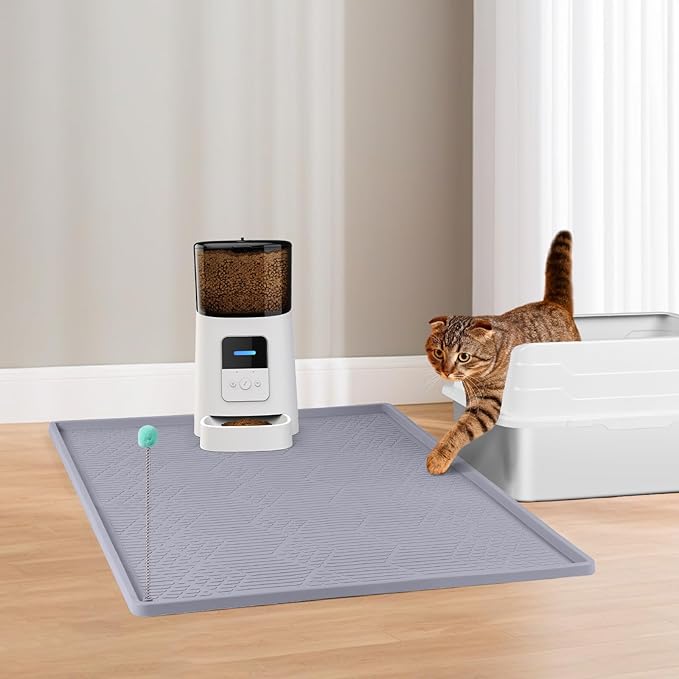 Large Cat Litter Mat with Toy Ball, 34'' x 22'' Silicone Cat Litter Trapping Mat for Scatter Control, Soft on Kitty Paws, Easy to Clean (Light Grey)