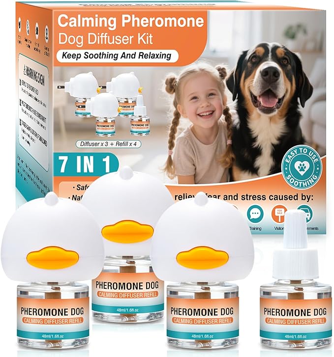 Dog Calming Pheromones Diffuser to Calm Pet 7 In 1 Advanced Kit Appeasing Pheromone Diffuser for Anxiety Relief (3 Plug in+4 Pack 48ml Refill) Reduce Aggression Fighting Barking Stress (Tasteless)