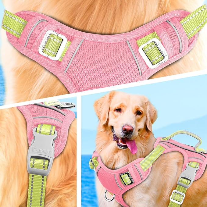 BARKBAY No Pull Dog Harness Large Reflective Dog Harness with Front Clip and Easy Control Handle for Walking Training Running with ID tag Pocket(Baby Pink & Sunlight,XL)