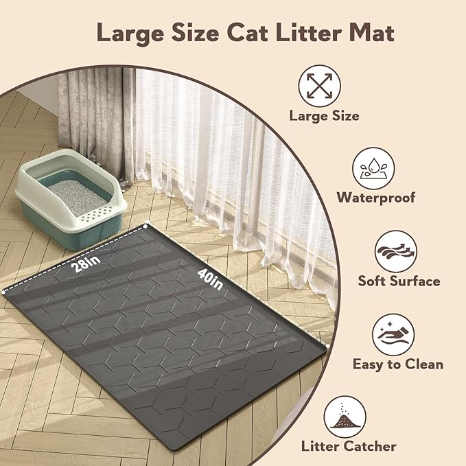 Cat Mat for Litter Box, Large 40" X 28" Cat Litter Mat XL, Waterproof Silicone Pad for Floor, Black