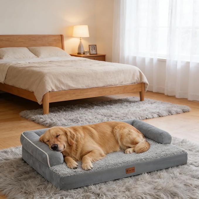 Orthopedic Dog Beds for Large Sized Dogs, Waterproof Egg Crate Foam Large Dog Couch Beds with Comfy Bolster 36x27Inch, Washable Pet Beds with Removable Cover and Nonskid Bottom, Grey
