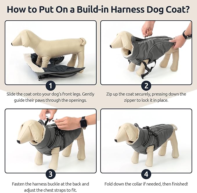 Dog Winter Coat with Harness Built in Warm Puffer Dog Jackets for Small Medium Large Dogs Windproof Waterproof Outfit with Plush Lining and Reflective Stripes (Grey, XS)