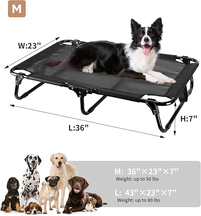Foldable Elevated Dog Bed, 36"x23"x7" Raised Pet Bed with No Setup, Outdoor DogBed with Breathable Mesh, No-Slip Feet Durable Dog Cots Bed for Medium Sized Dogs, Black