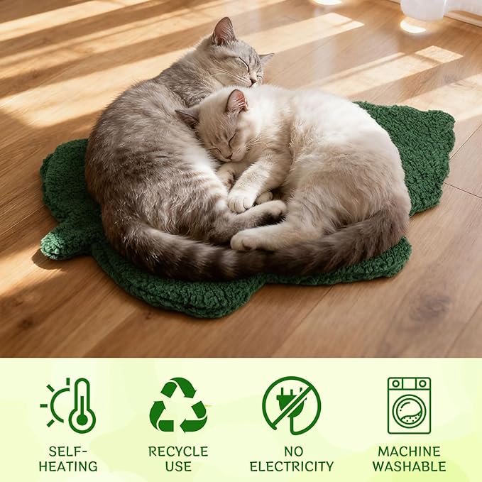 3 Pack Self Warming Cat Dog Bed Leaf Shape Self Heating Pet Mat Non Electric Washable Thermal Sleeping Pad Plush Heated Pet Mat for Crate Floor Indoor Outdoor(Dark Green,Small-16 x20)