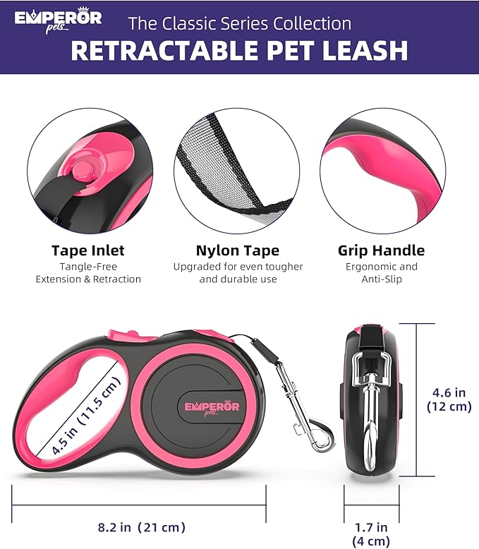Emperor Pets 16 ft Retractable Dog Leash - Heavy Duty Retractable Pet Leash with Anti-Slip Grip - Reflective Dog Leash Tape for Medium to Large Dogs up to 100 lbs -PK16