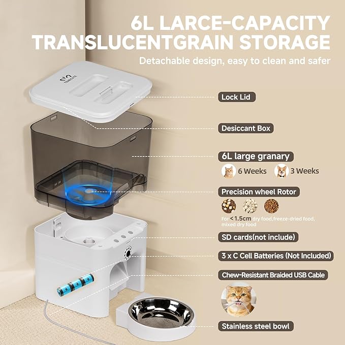 Automatic Cat Feeder with Camera, 5G/2.4G WiFi Automatic Dog Feeder, 2K HD Video and Night Vision, Remote Monitor & Feeding, Low Food Alerts,2-Way Audio, 6L Capacity, Gifts for Christmas