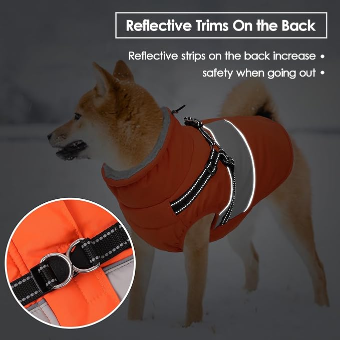 SUNFURA Dog Jacket, Large Dog Coat with Harness Built in, Warm Pet Winter Jacket Zippered Snow Coat with Furry Collar, Waterproof Fleece Snowsuit for French Bulldog, Orange L