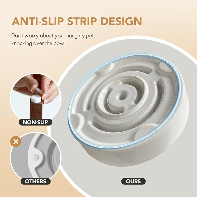 3.2 Cup Ceramic Dog Raised Slow Feeder Set, Elevated Bowl with Wooden Stand for Large Dog, 9.5inch Slow Feeder Dish for Fast Easters(1 Bowl & Stand, Vanilla White)