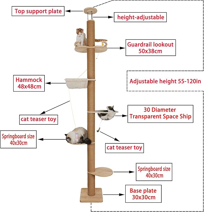 Floor to Ceiling Cat Tree Height (50-117,32 in) Adjustable Cat Tower 5 Tier Hemp Scratching Post High Cat Tree Sturdy Activity Tree Indoor Outdoor Cat Scratching Post Activity Center