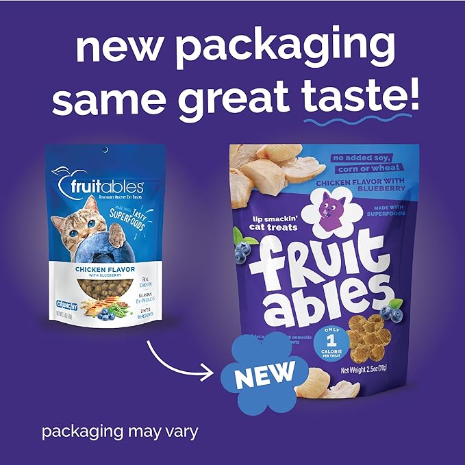 Fruitables Cat Treats, Healthy Treats For Cats, Low Calorie and Packed with Protein, Crunchy Biscuits, No Wheat, Corn or Soy, Made with Real Chicken and Blueberry, 2.5oz