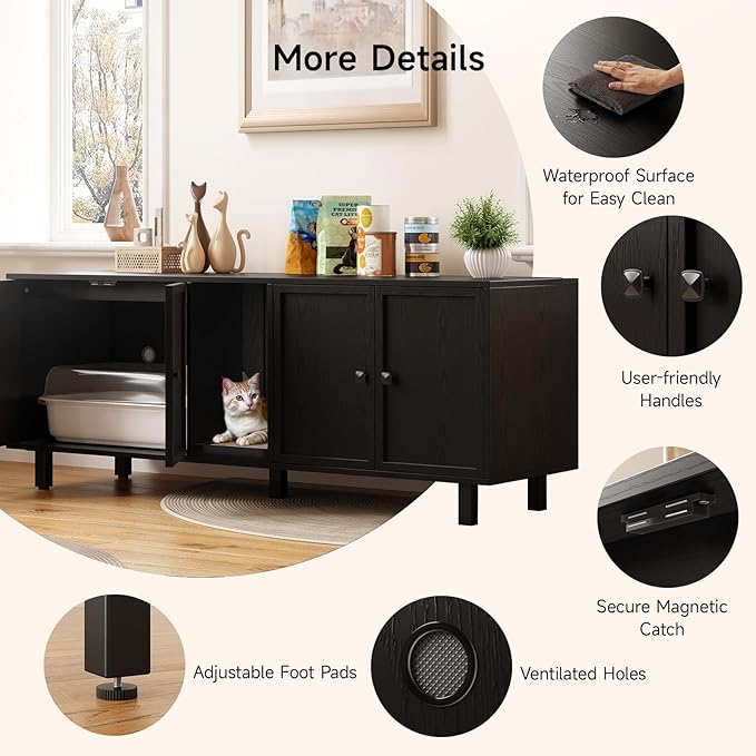ONBRILL 63 Inches Cat Litter Box Enclosure for 2 Cats, Hidden Litter Boxes Furniture with Cat Scratch Pad, Large Indoor Pet House with Double Room, Wooden TV Stand Side Table, Black