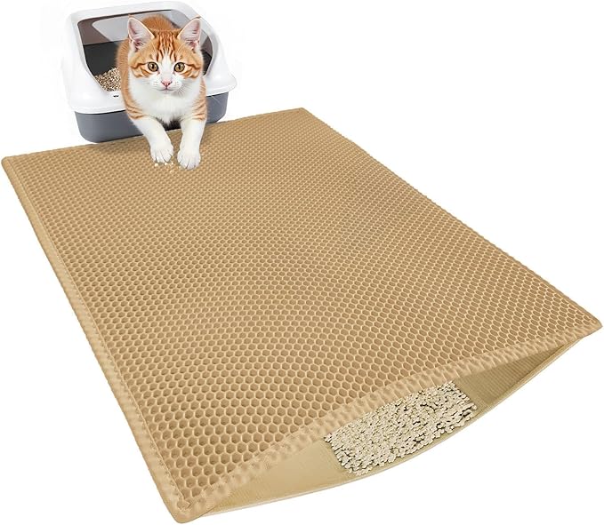 Cat Litter Mat, Cat Litter Trapping Mat, 29.9'' x 24''Inch, Double Layer Waterproof Proof Litter Box mat, Non-Slip Design, Reduces Litter Scatter, Easy to Clean, Beige