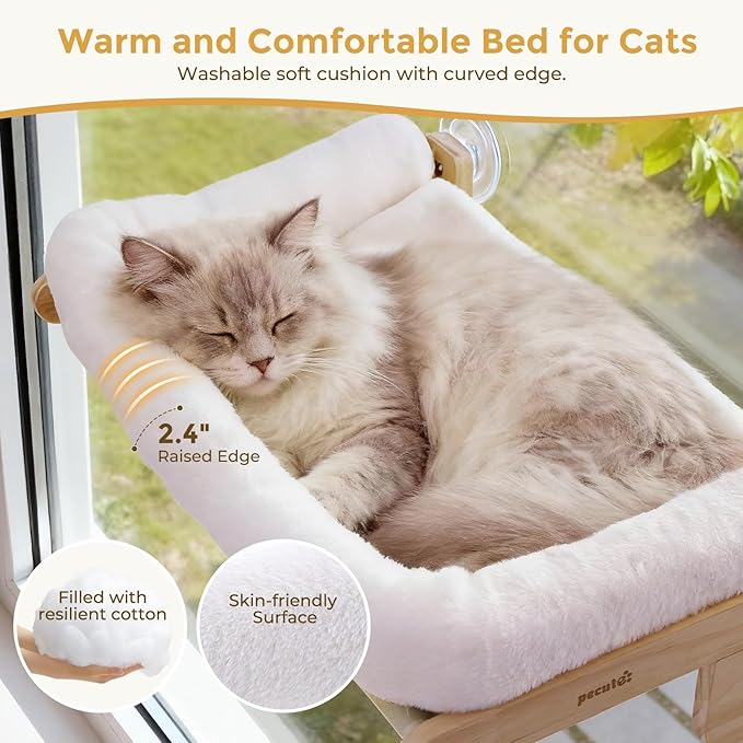 Pecute Foldable Cat Window Perch, Cloud-Soft Cat Bed with Solid Wood Frame, Strong Suction Cup, Washable Cushion, Stable Large Cats Hammock with Sided Bolster, Cats Perch Indoor for Sunbathing, White
